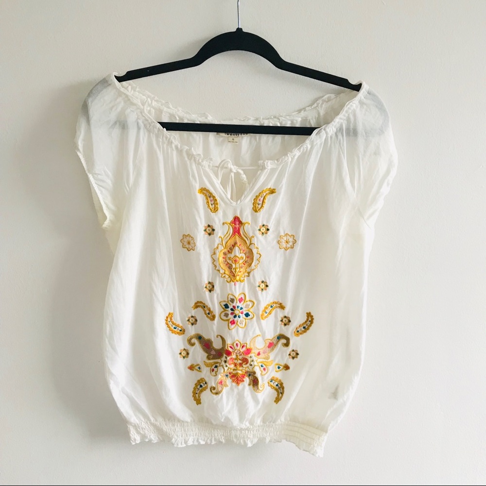 ✨Gold & Pink🌷Embroidered Sheer Ivory Peasant Top